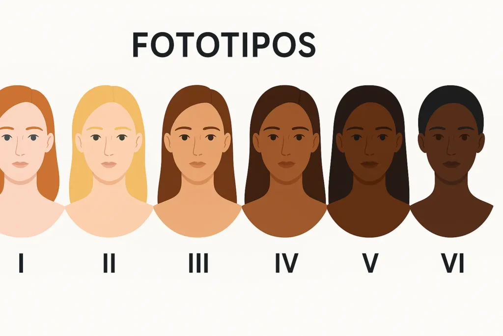 Gráfico de los fototipos de piel I a VI: seis rostros femeninos con tonos de piel que van del muy claro al muy oscuro, etiquetados con números del I al VI bajo el título ‘FOTOTIPOS’.