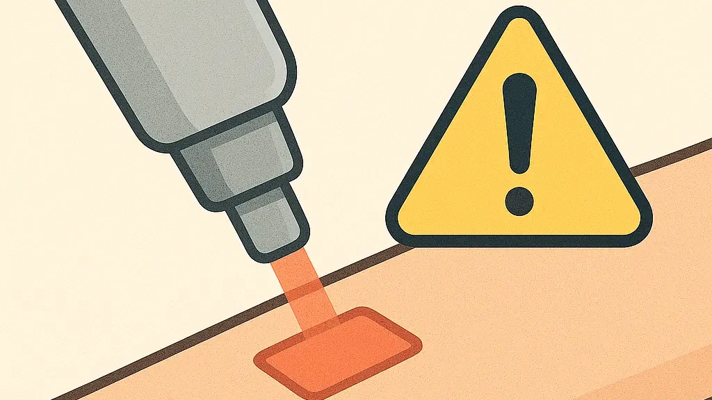 lustración de un cabezal de depilación láser aplicando un pulso de luz sobre un parche de prueba en la pierna, acompañado de un icono de advertencia amarillo que resalta la importancia de la prueba de sensibilidad.