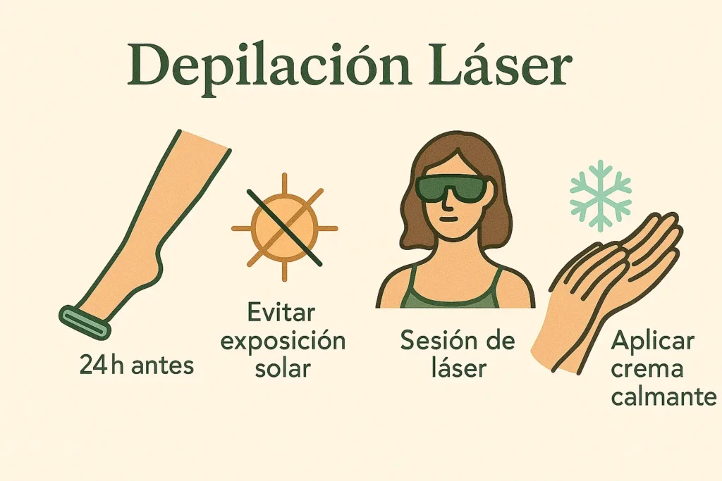 Iconos de rutina de depilación láser: afeitar 24 h antes, evitar exposición solar, usar gafas protectoras durante la sesión de láser y aplicar crema calmante después.