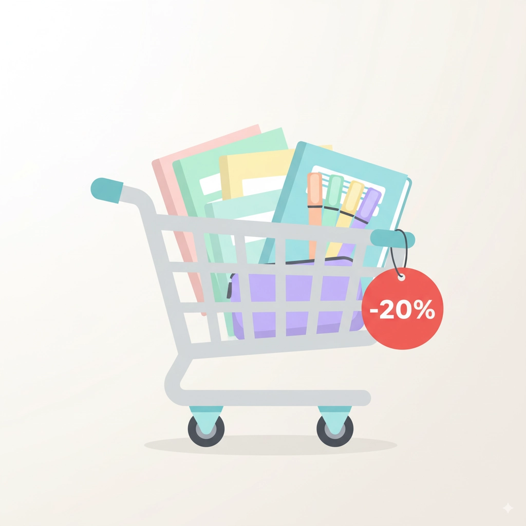 Carrito de compra con material escolar y promoción de septiembre