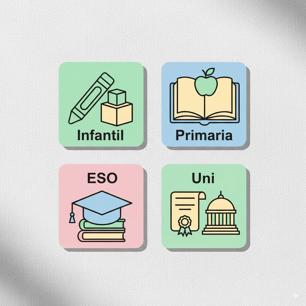 Iconos de etapas de vuelta al cole: Infantil, Primaria, ESO y Universidad