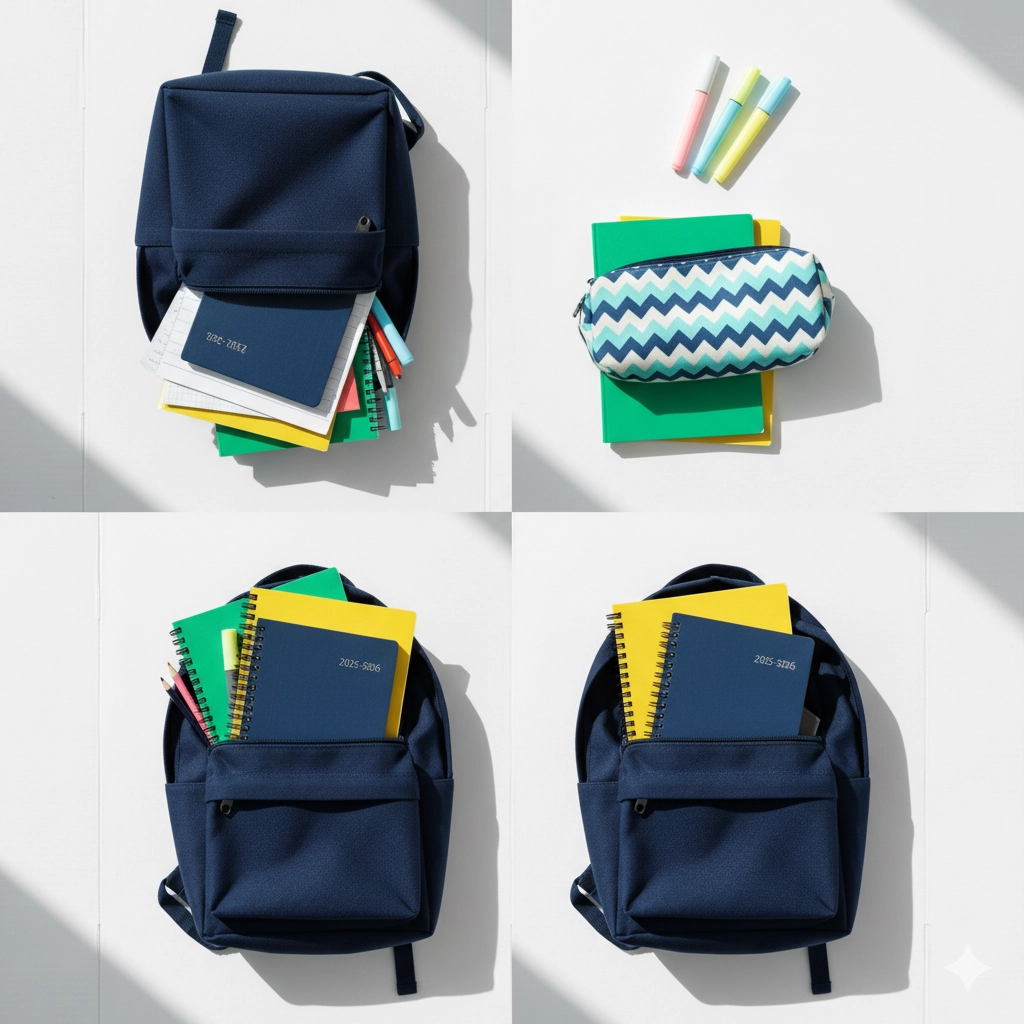 Mochilas escolares abierta con agenda, cuadernos y estuche