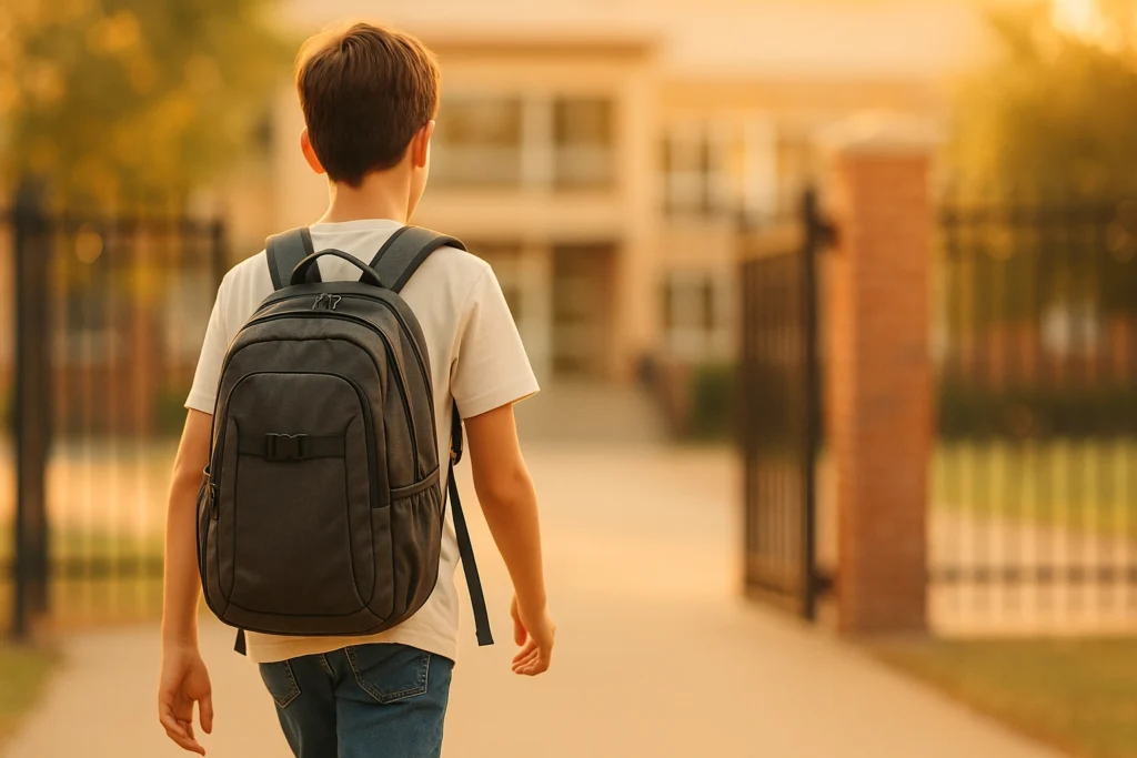 Mochila escolar ajustada en los hombros al entrar al colegio