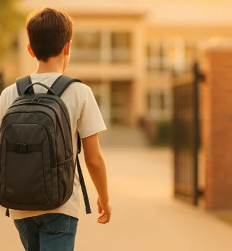 Mochila escolar ajustada en los hombros al entrar al colegio